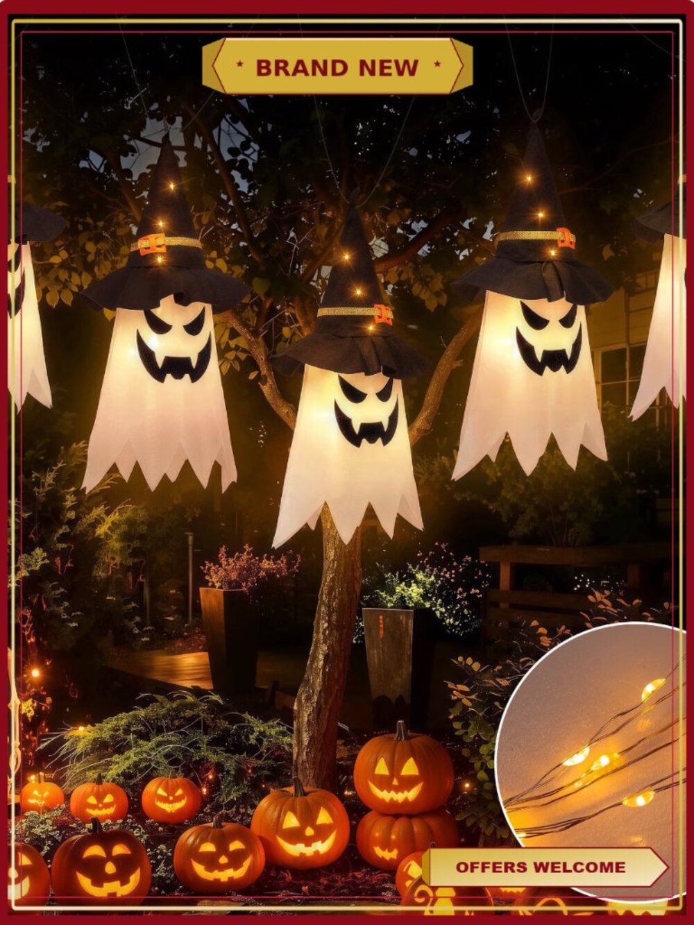 5 Pcs Halloween Glowing Ghost Witch Hat Ornaments for Outdoor Yard Party Decor
